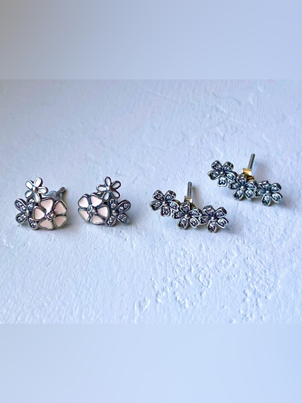 2 pairs Floral sterling silver Cluster Stud Earrings with Pale Pink Enamel